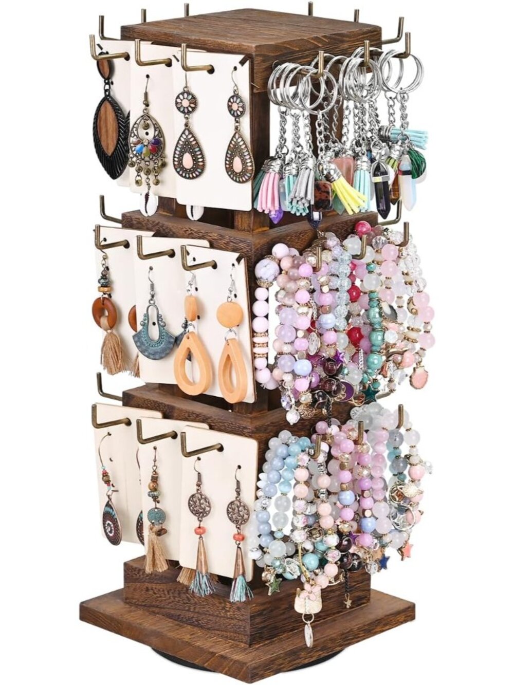 36 Hooks Wood Rotating Jewelry Keychain Holder Display Stand